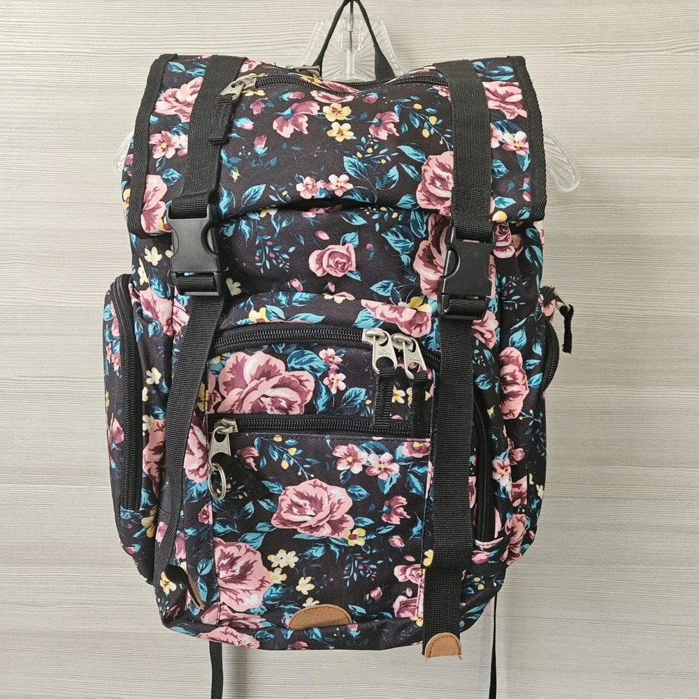 High Sierra Backpack Floral Rose Print Large Black Multi Pocket School Bag